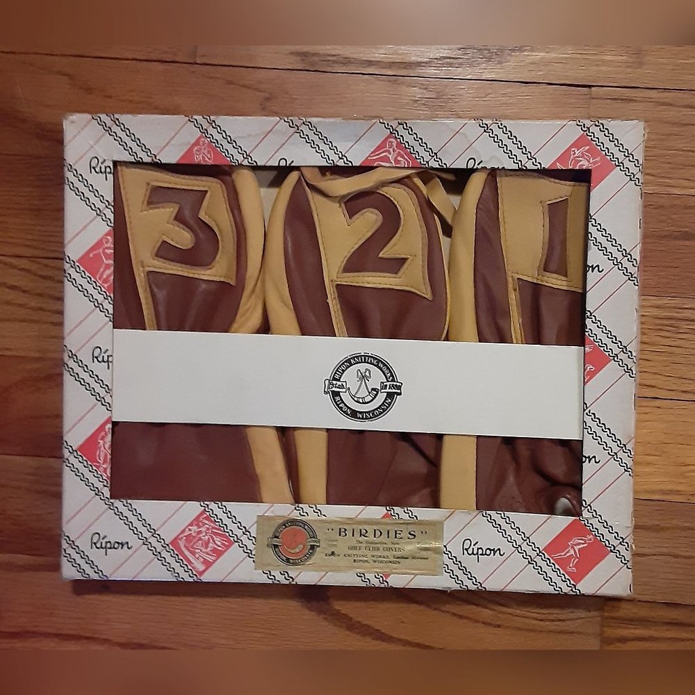 VTG Leather Golf Club Head Covers New In Box by Ripon Knitting Works 1940-1945